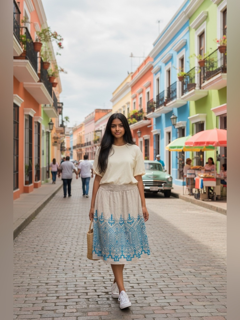 34. 100% Linen Madison Cream A-Line Skirt with Turquoise Embroidery